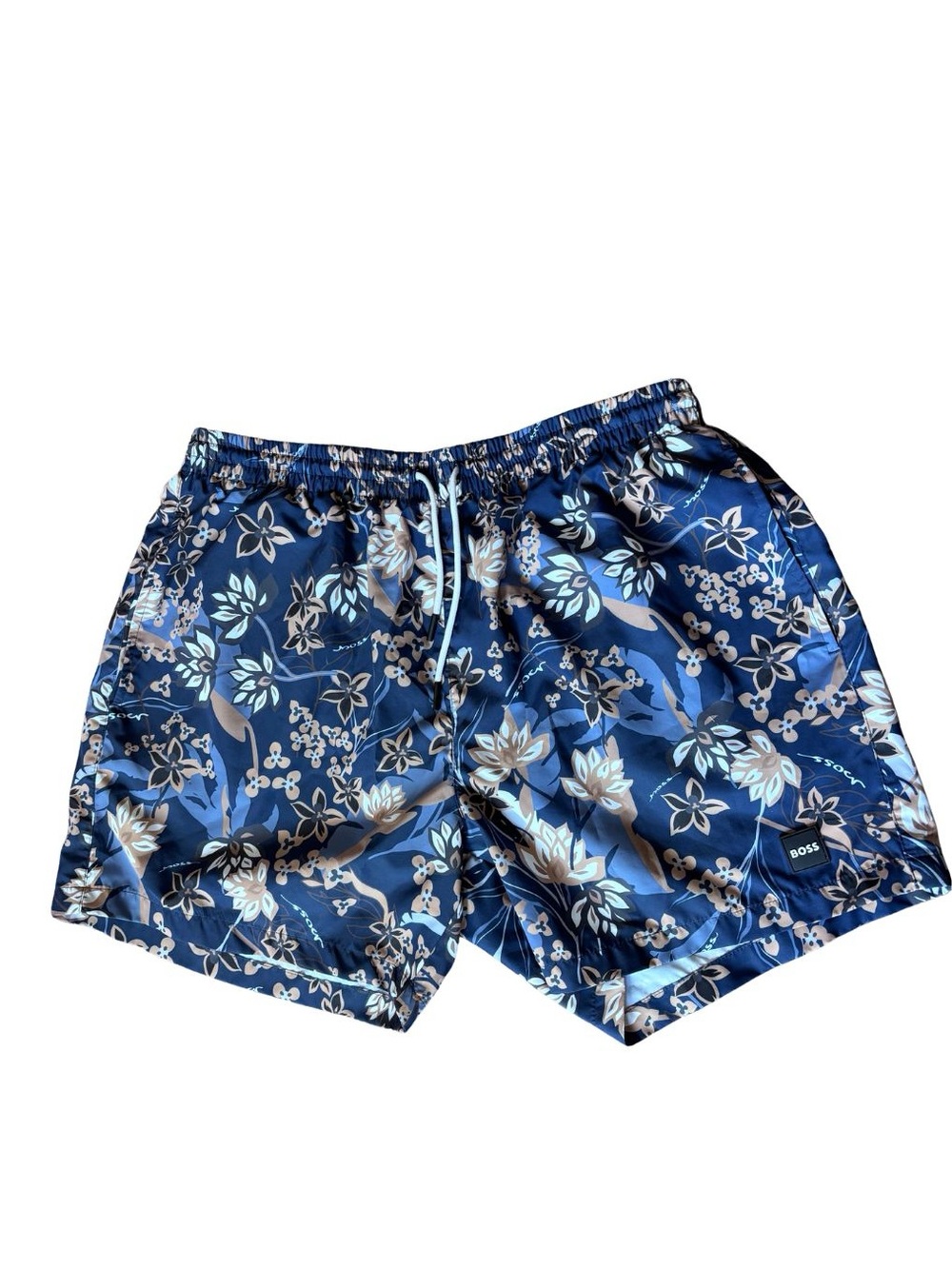 BOSS Piranha Floral Print Swim Shorts with Light Blue & Cream Accents